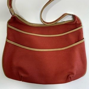 Vintage Canvas Shoulder Bag leather trim Red Purse Casual Zipper close